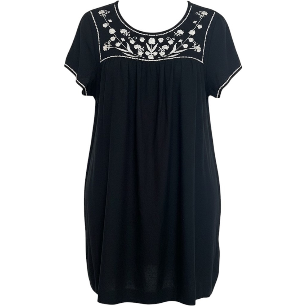 Boho Embroidered Floral Tunic Dress Black Short Sleeve Peasant Festival Keyhole